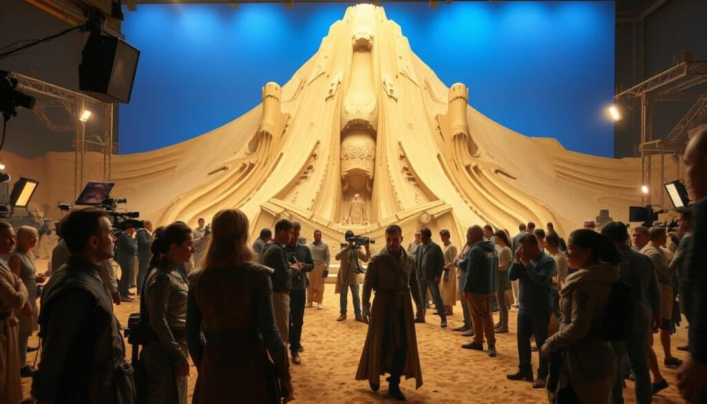 A bustling film set, crew members scurrying about, cameras and lighting equipment carefully positioned. In the foreground, actors in ornate sci-fi costumes rehearse their lines, the intensity of their performances palpable. The middle ground reveals a towering practical set piece, a massive sand dune or alien structure, its intricate details and textures meticulously crafted. In the background, a bluescreen backdrop, hinting at the digital visual effects that will seamlessly blend with the physical elements. Soft, warm lighting illuminates the scene, creating a sense of cinematic drama and immersion. The overall mood is one of creative energy, showcasing the meticulous process behind the making of the highly anticipated "Dune 2" film.