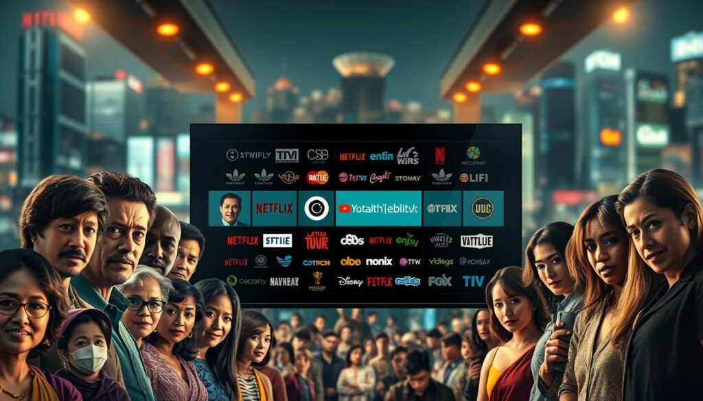 A cinematic scene of international streaming series captivating audiences worldwide. In the foreground, a collage of vibrant, diverse characters from various cultural backgrounds, each with a distinct personality and style. In the middle ground, a sleek, high-tech interface showcasing a grid of streaming platform logos, signifying the global reach of these productions. The background is a blurred cityscape, hinting at the international settings and diverse locations that these series explore. The lighting is a warm, cinematic glow, creating a sense of excitement and anticipation. The camera angle is slightly elevated, giving a sense of grandeur and the far-reaching impact of these international streaming sensations.