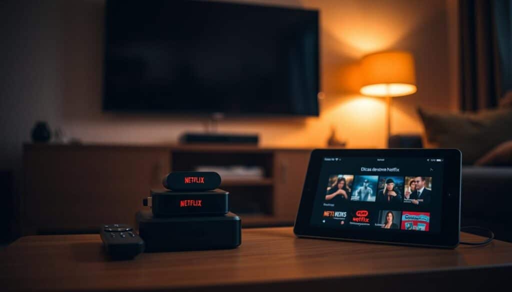 A cozy, dimly lit living room with a modern TV stand and a stack of Netflix-branded items, including a remote control, a streaming device, and a tablet displaying the "Dicas de Streaming Netflix" interface. The atmosphere is warm and inviting, with soft, diffused lighting creating a relaxed, cinematic mood. The foreground features the Netflix-branded items in focus, while the background blurs into a comfy, lived-in space, hinting at the comfort of binge-watching. The overall scene conveys the idea of streamlined, hassle-free Netflix streaming and guidance for the best viewing experience.