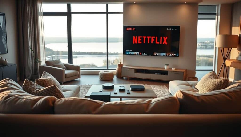 A cozy living room setting with a modern, minimalist Netflix interface prominently displayed on a large flatscreen TV. The room is bathed in warm, soft lighting, creating a relaxed, inviting atmosphere. In the foreground, a plush, oversized sofa invites the viewer to sink in and begin their streaming journey. The middle ground features a sleek, understated coffee table adorned with a neatly arranged selection of streaming devices and remotes. The background showcases stylish, neutral-toned decor and large windows overlooking a tranquil outdoor scene, suggesting a sense of comfort and escapism. The overall composition conveys a balanced, visually appealing scene that captures the essence of navigating the Netflix catalog from the comfort of one's own home.