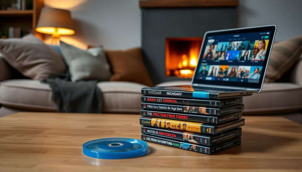 A cozy living room setting, with plush sofas and a warm fireplace in the background. On the coffee table, a stack of international TV series on Blu-ray discs, their covers showcasing diverse cultures and stories. A laptop is open, displaying streaming service menus, hinting at the convenience of binge-watching. Soft, ambient lighting creates a relaxed atmosphere, inviting the viewer to immerse themselves in these captivating short-form narratives from around the world. The composition emphasizes the allure of discovering new perspectives and experiences through the medium of television.