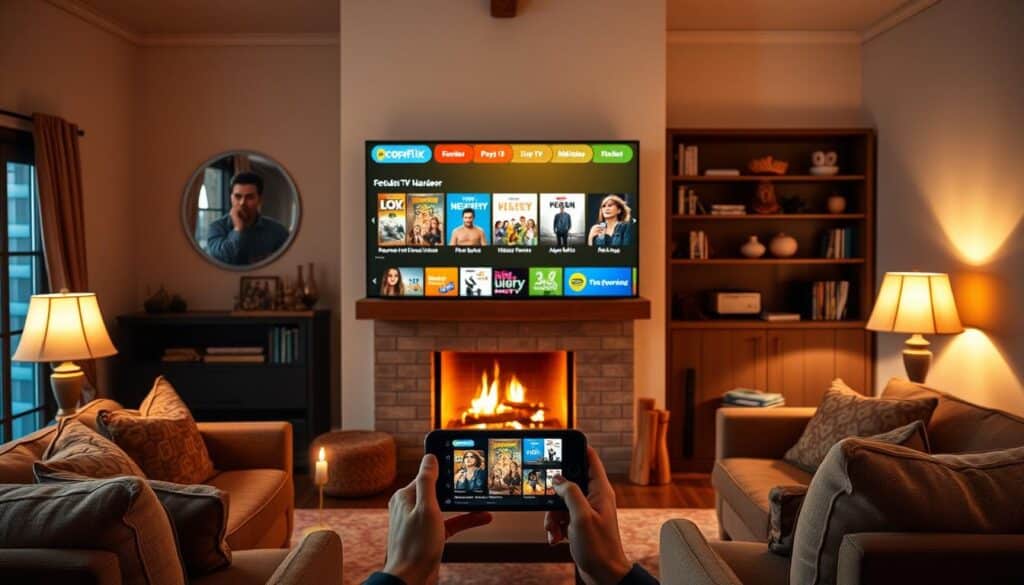 A cozy living room setup with a large flatscreen TV prominently displayed, showcasing the Popcornflix streaming interface with its vibrant selection of live TV channels and family-friendly movie options. Warm lighting from table lamps and a fireplace creates a relaxed, inviting atmosphere. The room is furnished with comfortable sofas and armchairs, suggesting a perfect setting for a movie night. The overall composition emphasizes the convenience and enjoyment of accessing a variety of entertainment options directly from a mobile device.