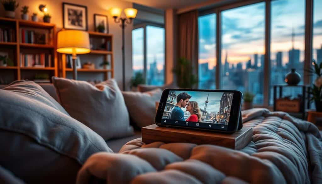 A cozy living room with plush throw pillows and a soft, quilted blanket on a comfortable couch. A smartphone rests on a wooden side table, its screen displaying a romantic movie in full HD. Warm lighting from a floor lamp and sconce fixtures creates a serene, intimate atmosphere. The room is filled with bookshelves, potted plants, and framed artwork, exuding a sense of personal style. Through a large window, the city skyline at dusk provides a picturesque backdrop, hinting at the perfect setting for a private cinematic experience.