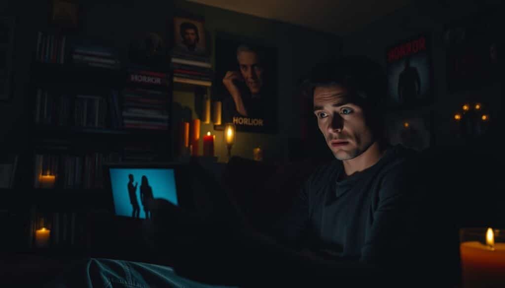 A dark and moody room illuminated by the soft glow of a smartphone screen, casting eerie shadows on the walls. In the foreground, a person in casual, modest clothing sits on a couch, their eyes wide with fear as they watch a horror movie, the smartphone depicting a shadowy figure from the film. In the middle ground, shelves filled with classic horror DVDs and film memorabilia create a nostalgic atmosphere, while flickering candlelight adds warmth to the scene. In the background, dimly lit posters of iconic horror movies hang on the walls. The overall ambiance is tense and suspenseful, embodying the chilling allure of horror films in the streaming age. The lighting focuses on the user’s face, highlighting their expressions of shock and anticipation.
