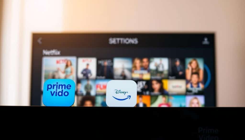 A digital streaming service interface with a clean, minimalist design. The foreground features three app icons representing Netflix, Prime Video, and Disney+ - each with a distinct visual style. The middle ground showcases a grid of movie and TV show thumbnails, allowing users to easily browse the content libraries. The background has a soft, blurred gradient that creates a sense of depth and focus. The overall scene is bathed in a warm, natural light that enhances the user-friendly, intuitive atmosphere. The composition is balanced and visually appealing, reflecting the section's focus on comparing the navigation and usability of the major streaming platforms.