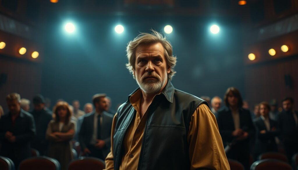 A dimly lit auditorium, the stage bathed in a warm spotlight. On the set, a group of actors stand in various poses, deep in thought, as they await their chance to audition for the iconic role of Han Solo in the Star Wars universe. The atmosphere is tense, electric with the anticipation of landing a career-defining part. In the foreground, Christopher Walken stands apart, his piercing gaze conveying a mix of confidence and uncertainty, as he contemplates his chances of capturing the roguish charm and swagger of the beloved scoundrel. The background is hazy, with the silhouettes of other aspiring actors, each harboring their own dreams of becoming a galactic hero. The scene captures the essence of the section, highlighting the what-ifs and near-misses that have shaped the landscape of Hollywood.