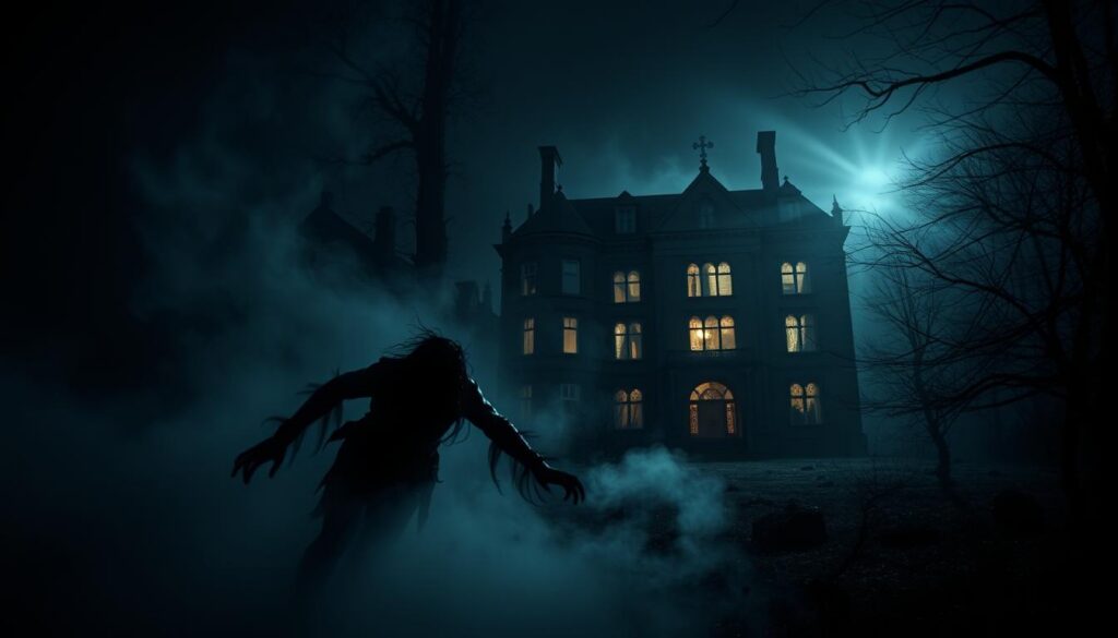 A dimly lit, haunting cinematic scene of supernatural terror in 2026. The foreground depicts a writhing, shadowy figure emerging from a swirling mist, its malevolent presence palpable. In the middle ground, a crumbling, Gothic manor house stands ominously, its windows glowing with an eerie, otherworldly light. The background is shrouded in an impenetrable, foreboding darkness, hinting at the unseen horrors that lurk beyond. High-contrast lighting casts dramatic shadows, amplifying the sense of dread and unease. The overall atmosphere is one of deep, unsettling fear, perfectly capturing the essence of the "Terror Sobrenatural em Filmes de Horror 2026".