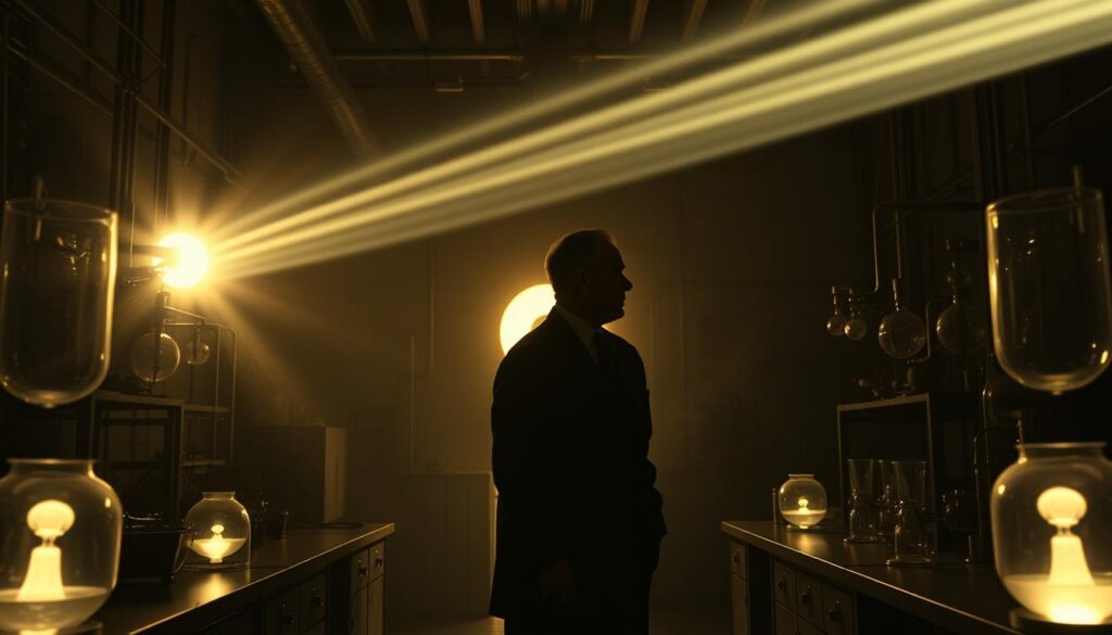 A dimly lit laboratory, the walls lined with complex equipment and instruments. In the center, a figure stands in contemplation, his face cast in shadow, deep in thought. The faint glow of a nuclear reactor casts an eerie light, casting ominous shadows that dance across the room. Beams of light refract through intricate glassware, creating an atmospheric haze. The scene conveys a sense of scientific discovery, the weight of responsibility, and the profound implications of nuclear physics. The composition is dramatic, with strong contrasts between light and dark, highlighting the gravity of the subject matter. The entire image evokes a sense of the dramatic, mirroring the intensity and significance of Oppenheimer's work.