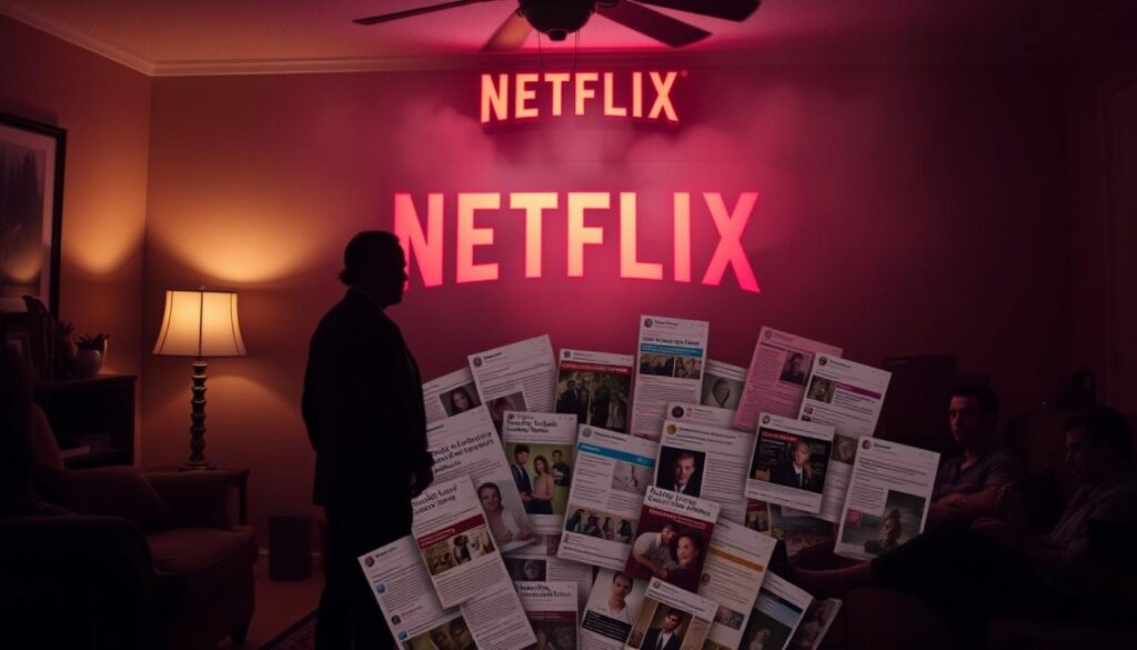 A dimly lit living room, the glow of a Netflix logo casting an eerie ambiance. In the foreground, two figures stand ominously, their faces obscured in shadow - the infamous serial killers, Dahmer and Monstros, who have become the subject of a twisted public fascination. The middle ground is a tangle of news headlines, social media posts, and true crime documentaries, all feeding the macabre obsession. In the background, a hazy, unsettling atmosphere envelops the scene, hinting at the dark, disturbing nature of these real-life stories now captivating audiences on the streaming platform.