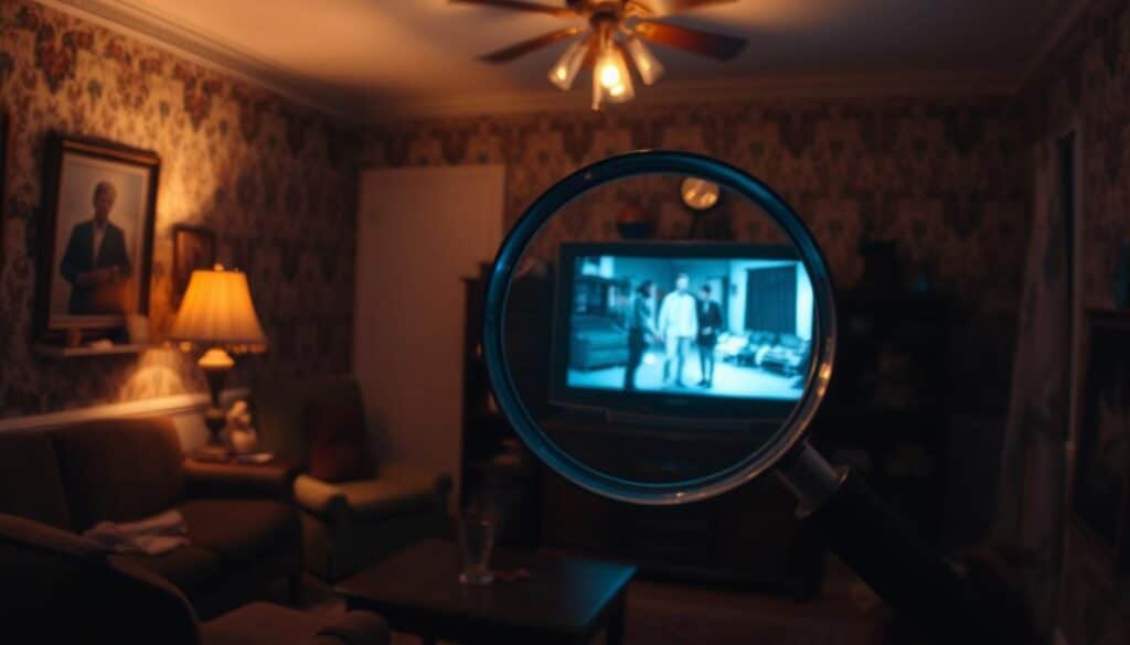 A dimly lit room in an old house, with the distinctive wallpaper and furniture of the 1980s. On the TV screen, a scene from Stranger Things plays, with a character's position subtly shifted from one shot to the next. In the foreground, a magnifying glass hovers over the screen, highlighting the continuity error. The room is bathed in a soft, warm glow, creating a nostalgic atmosphere. The camera angle is slightly tilted, adding a playful, almost whimsical feel to the image. The overall composition draws the viewer's attention to the discovered continuity flaw, inviting them to engage with the imperfections that fans have come to love in the show.