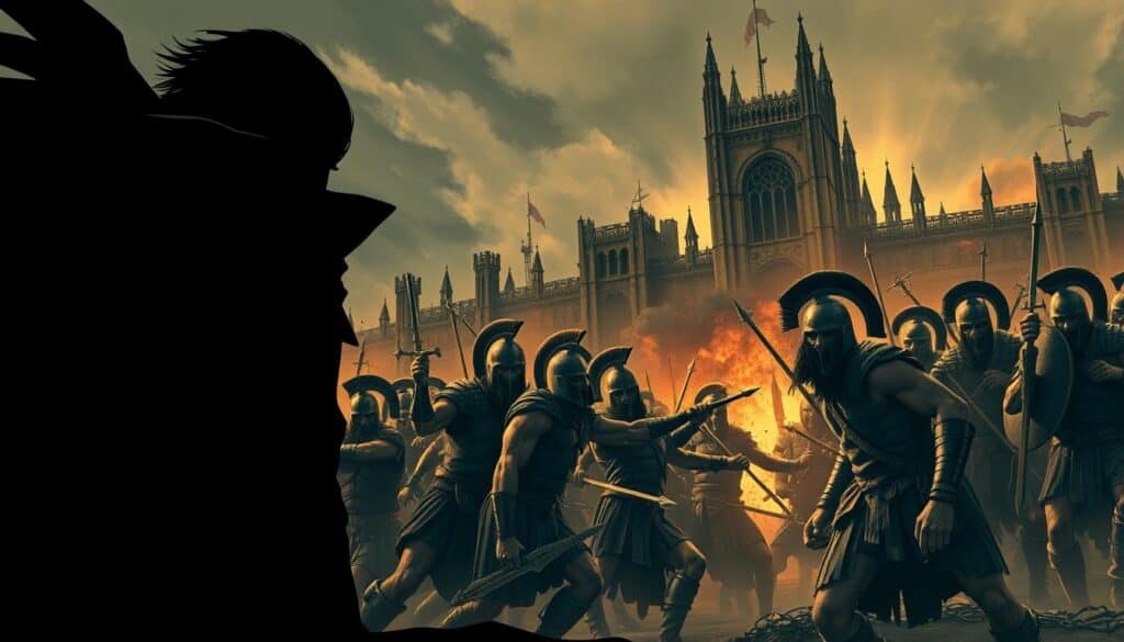 A dramatic, cinematic scene of Frank Miller's iconic comic book adaptations. In the foreground, a dark, moody silhouette of the anti-hero The Crow, his cloak billowing in the wind. In the middle ground, the rugged, weathered soldiers of 300 clash in an intense, stylized battle, their muscular frames and ancient armor illuminated by warm, low-angle lighting. In the background, a towering, gothic cityscape, its sharp angles and brooding architecture evocative of Miller's signature visual style. The overall scene is imbued with a sense of gritty realism, high contrast, and a palpable sense of atmosphere and drama, perfectly capturing the essence of Miller's influential and groundbreaking comic book adaptations.