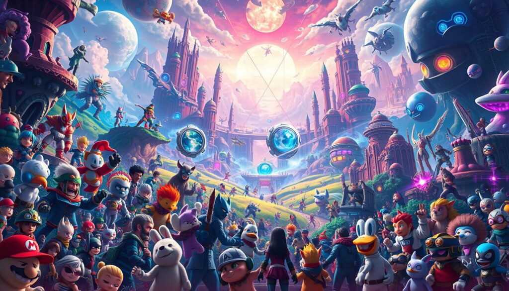 A dynamic scene of interconnected gaming universes, bursting with vibrant colors and imaginative characters. In the foreground, iconic gaming mascots and heroes interact, blending together in a seamless tapestry of shared experiences. The middle ground showcases fantastical landscapes, where portals and dimensional rifts hint at the boundless potential of these converging realms. In the background, a kaleidoscope of neon-infused futuristic cityscapes and surreal, otherworldly vistas create a sense of boundless exploration and limitless possibilities. The overall atmosphere exudes a sense of boundless creativity, technological wonder, and a celebration of the expanding frontiers of interactive entertainment.