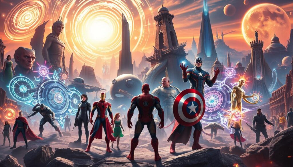 A dynamic scene showcasing Marvel superheroes exploring the vast and interconnected Multiverse. In the foreground, iconic characters like Spider-Man, Iron Man, and Captain America stand strong, their powers and costumes meticulously detailed. In the middle ground, swirling portals and glowing energy fields connect diverse realities, hinting at the boundless possibilities of the Multiverse. The background features a kaleidoscopic array of fantastical landscapes and cityscapes, from the futuristic Stark Tower to the mystical Kamar-Taj, all illuminated by a vibrant, cinematic lighting that captures the awe-inspiring scale and complexity of this Marvel universe. The overall composition conveys a sense of adventure, discovery, and the thrill of exploring the unknown.