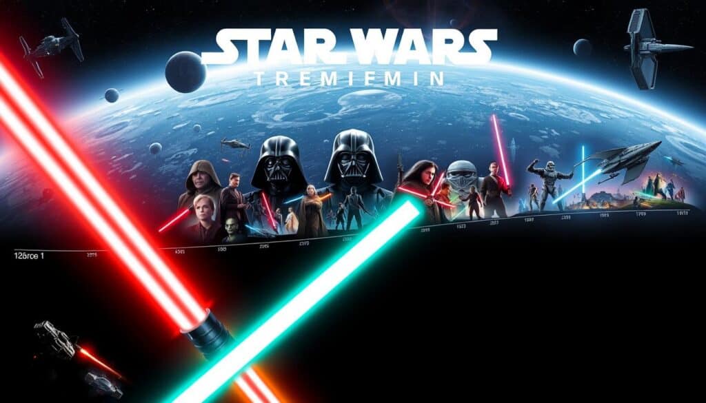 A dynamic timeline stretching across the iconic Star Wars galaxy, showcasing the chronological order of the films and series. In the foreground, lightsabers of different hues ignite, representing the various Jedi and Sith protagonists. The middle ground features key characters and ships from the original trilogy, prequel trilogy, and modern era, arranged in a visually captivating layout. The background depicts a vast, celestial backdrop, with planets, nebulae, and the familiar hyperspace effect, evoking the grand, sweeping nature of the Star Wars universe. Dramatic lighting casts dramatic shadows, heightening the sense of adventure and discovery. The overall composition conveys the comprehensive, linear experience of the Star Wars saga, perfect for guiding fans through the optimal viewing order.