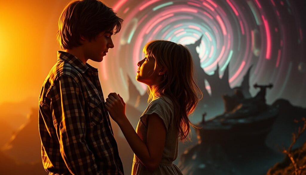 A forbidden romance blossoms between Will Byers and Eleven, the two outcasts of Hawkins, Indiana. In the foreground, they stand close, their eyes locked in a tender gaze, their fingers intertwined. Warm, golden lighting bathes the scene, casting a dreamlike, romantic atmosphere. In the middle ground, the eerie, otherworldly landscape of the Upside Down serves as a backdrop, its twisted, shadowy forms hinting at the dangers that threaten their clandestine love. The background is a swirling vortex of psychedelic, neon-tinged energy, reflecting the strange, supernatural forces that permeate the world of Stranger Things. The overall composition is cinematic, evoking the moody, suspenseful tone of the hit Netflix series.