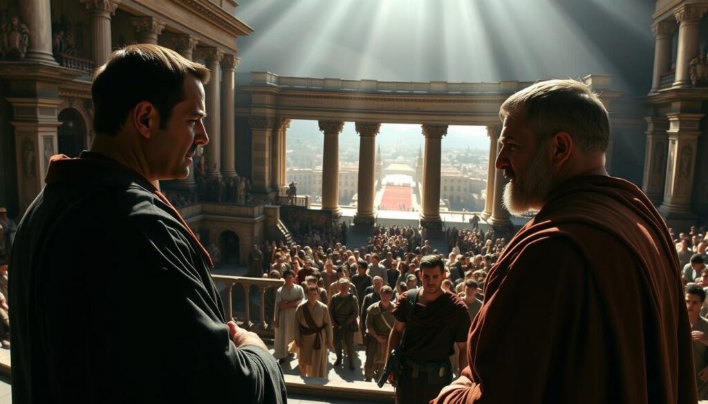 A grand amphitheater in ancient Rome, the setting of political intrigues and power struggles in the world of "Gladiator 2." In the foreground, two senators engage in a heated debate, their faces etched with tension and determination. Shadows play across their robes, creating an air of intrigue. In the middle ground, a crowd of onlookers, their expressions a mix of curiosity and unease, bear witness to the political maneuverings. The background is a tapestry of towering columns, ornate arches, and the faint outline of the city beyond, suggesting the larger power structures at play. The lighting is dramatic, with beams of light filtering through the space, casting a moody, atmospheric glow. The scene conveys the sense of high-stakes political machinations that overshadow the physical combat of the gladiators.