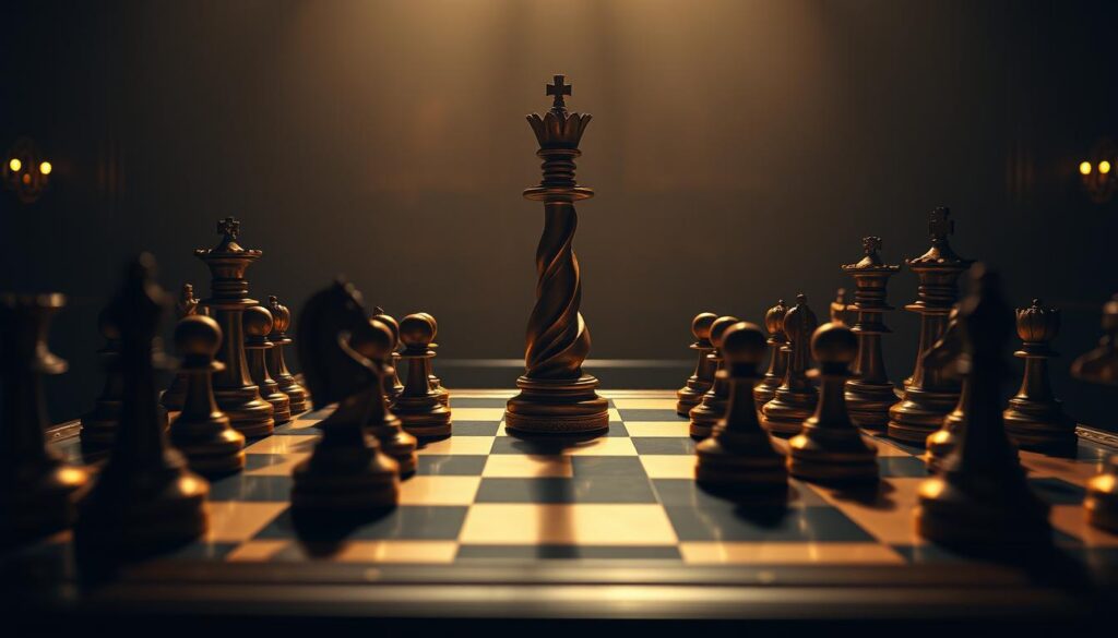 A grand chessboard, its elegant wooden pieces illuminated by warm, soft lighting. In the center, the regal Queen stands tall, her graceful silhouette casting a long shadow across the board. Surrounding her, the strategic landscape of the "Queen's Gambit" unfolds, with knights, bishops, and pawns poised for the decisive clash. The atmosphere is one of tension and anticipation, as the game's intricate dance of moves and countermoves plays out. The image captures the essence of this iconic chess maneuver, inviting the viewer to ponder the depth of its history and the brilliance of its execution.