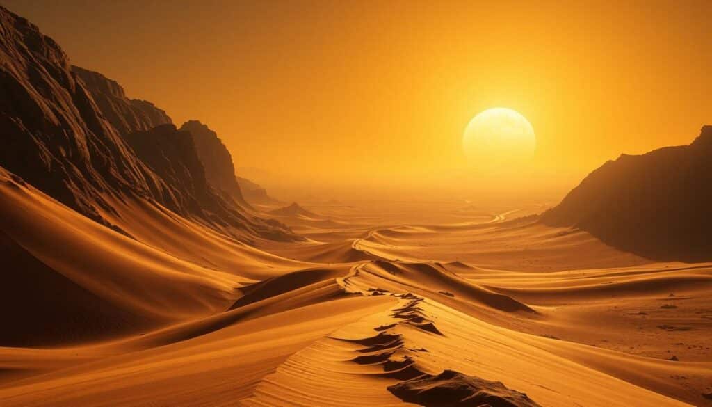 A grand, cinematic landscape of Arrakis, the desert planet of Dune. In the foreground, towering dunes cast long shadows, their textures and curves captured in stunning detail by a wide-angle lens. The middle ground features a winding path leading into the distance, the scale and vastness of the environment emphasized by the dramatic horizon line. In the background, the twin suns of Arrakis cast a warm, golden glow, illuminating the scene with a sense of epic grandeur. The lighting is rich and dramatic, creating deep shadows and highlights that accentuate the rugged, alien terrain. The overall composition conveys a feeling of awe and wonder, perfectly suited to illustrate the cinematic language and grandiose scale of the Dune universe.