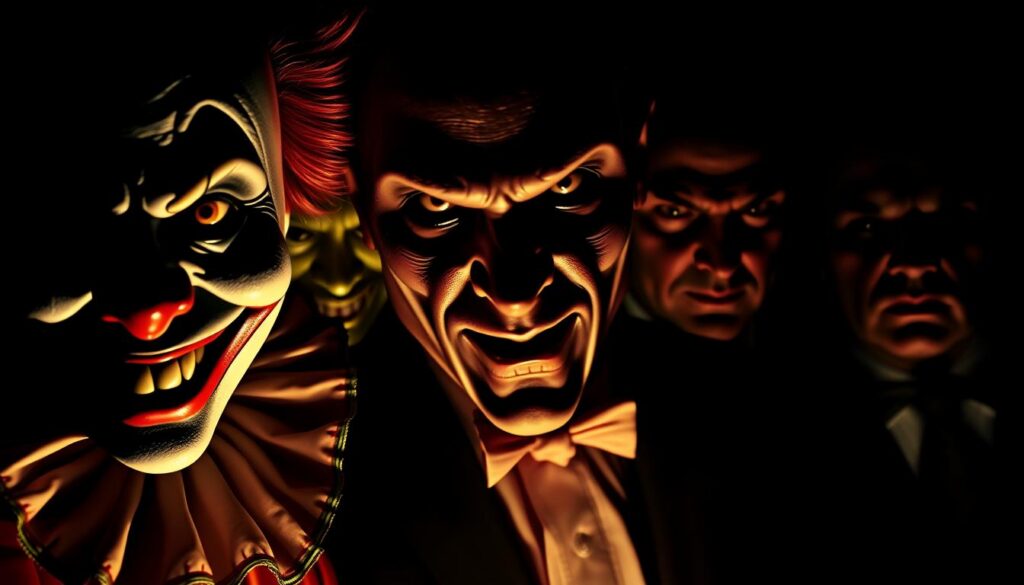 A high-contrast, cinematic close-up of a group of charismatic, psychotic movie villains, bathed in dramatic lighting that casts deep shadows and highlights their intense, unsettling gazes. The foreground features a menacing clown figure with a painted, sinister smile, while in the middle ground, a masked serial killer and a cunning corporate executive loom ominously. In the background, a shadowy dictator and a manipulative mastermind lurk, creating an atmosphere of unease and unpredictability. The image evokes the allure and danger of these captivating, iconic antagonists that have captured the public's imagination.
