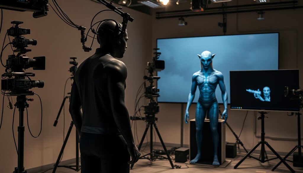 A highly detailed, cinematic rendering of motion capture technology used in the production of Avatar. In the foreground, a performer in a sleek, form-fitting motion capture suit stands against a neutral backdrop, their movements tracked by an array of high-tech cameras and sensors. The middle ground showcases the complex, interconnected system of cameras, computers, and software that capture and translate the performer's motion data into digital animation. In the background, a large, high-resolution display shows a real-time, photorealistic CG character mirroring the performer's actions, offering a glimpse into the magic of modern filmmaking technology. Dramatic lighting accentuates the intricate details of the equipment and the intense focus of the performer, evoking a sense of technical sophistication and cinematic grandeur.