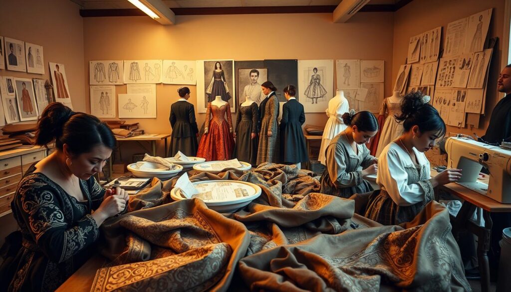 A historic costume design studio, with a team of skilled artisans meticulously crafting intricate garments. In the foreground, seamstresses carefully sewing embroidered patterns onto rich fabrics, their hands moving with practiced precision. In the middle ground, bolts of luxurious textiles in a range of colors and textures, ready to be transformed. The background features mood boards, sketches, and references, showcasing the research and attention to historical accuracy that goes into every piece. Soft, warm lighting casts a golden glow, emphasizing the care and craftsmanship of the process. A scene that captures the essence of the research and development behind period-accurate costumes for epic productions.