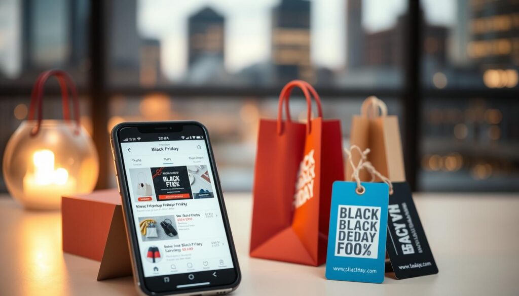 A modern, minimalist composition depicting strategies for maximizing Black Friday savings. In the foreground, a smartphone displays a mobile shopping app with highlighted deals and discounts. The middle ground showcases various shopping bags and tags with "Black Friday" branding, suggesting a sense of preparation and anticipation. The background features a blurred cityscape, evoking a cosmopolitan setting for these consumer-focused activities. Warm, diffused lighting creates a cozy, inviting atmosphere, while a slightly low camera angle emphasizes the prominence of the smartphone and shopping elements. Overall, the image conveys a sense of organized, tech-savvy Black Friday shopping strategies. A modern, minimalist composition depicting strategies for maximizing Black Friday savings. In the foreground, a smartphone displays a mobile shopping app with highlighted deals and discounts. The middle ground showcases various shopping bags and tags with "Black Friday" branding, suggesting a sense of preparation and anticipation. The background features a blurred cityscape, evoking a cosmopolitan setting for these consumer-focused activities. Warm, diffused lighting creates a cozy, inviting atmosphere, while a slightly low camera angle emphasizes the prominence of the smartphone and shopping elements. Overall, the image conveys a sense of organized, tech-savvy Black Friday shopping strategies.