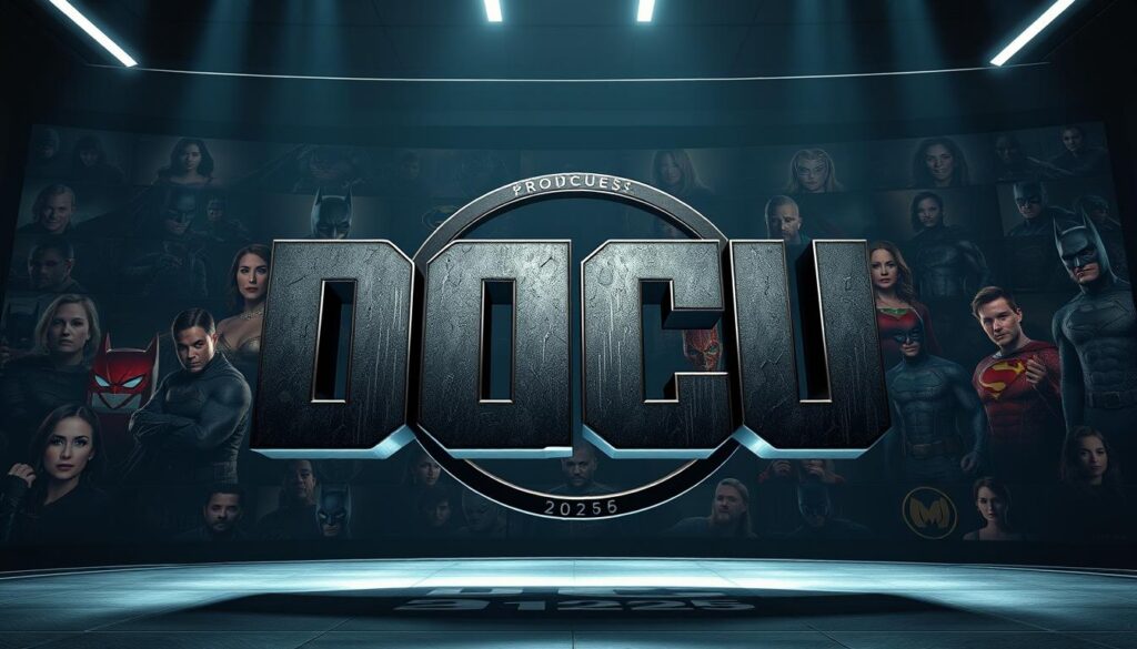 A photorealistic, cinematic view of the upcoming "Produções DCU 2025-2026" lineup, showcasing a dynamic collage of DC superhero characters, logos, and iconic imagery. The scene is set against a sleek, futuristic backdrop with a moody, dramatic lighting that casts long shadows and highlights the vibrant colors. In the foreground, the central focus is a large, imposing "Produções DCU 2025-2026" logo rendered in a bold, metallic typeface that appears to be suspended in the space, casting a subtle reflection on the surface below. Behind it, a grid-like arrangement of individual character portraits and silhouettes emerges, creating a sense of depth and anticipation for the upcoming slate of films. The overall composition exudes a sense of cinematic grandeur, technological sophistication, and the power of the DC universe.