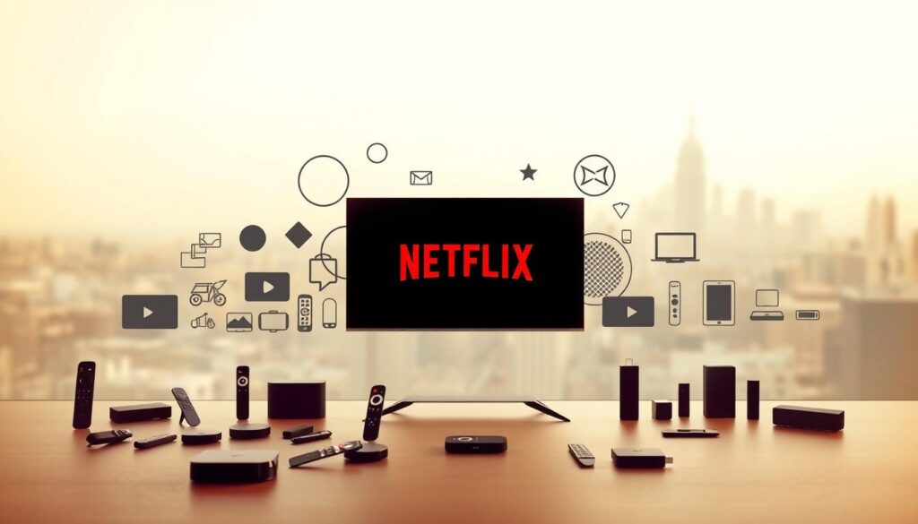 A serene, minimalist composition depicting a collection of streaming service icons, devices, and playback controls. In the foreground, a sleek, modern smart TV displays the Netflix logo against a subtly gradient background. Surrounding the TV, an array of remote controls, streaming sticks, and mobile devices create a sense of interconnectivity. The middle ground features abstract shapes and geometric patterns representing the vast catalog of content available on the platform. The background showcases a softly blurred city skyline, hinting at the global reach and accessibility of the streaming service. Warm, diffused lighting creates a cozy, inviting atmosphere, while a muted color palette of grays, whites, and blues conveys a sense of sophistication and refinement.