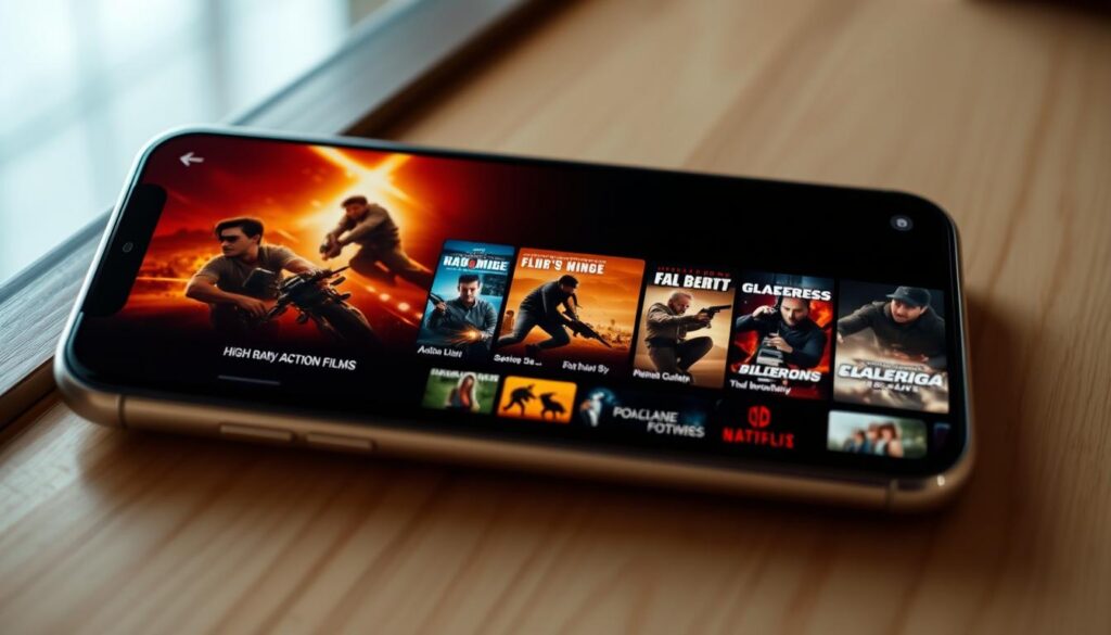 A sleek and modern mobile application interface, displaying a vibrant collection of high-quality action films in a clean, full-HD resolution. The app's design features a minimalist layout with bold, eye-catching graphics, showcasing the diverse range of blockbuster titles available. Warm, cinematic lighting illuminates the screen, creating a sense of immersion and anticipation for the thrilling content within. The user interface is intuitive and responsive, with a seamless browsing experience that allows effortless navigation through the extensive library of action-packed movies, all accessible from a single, convenient platform.