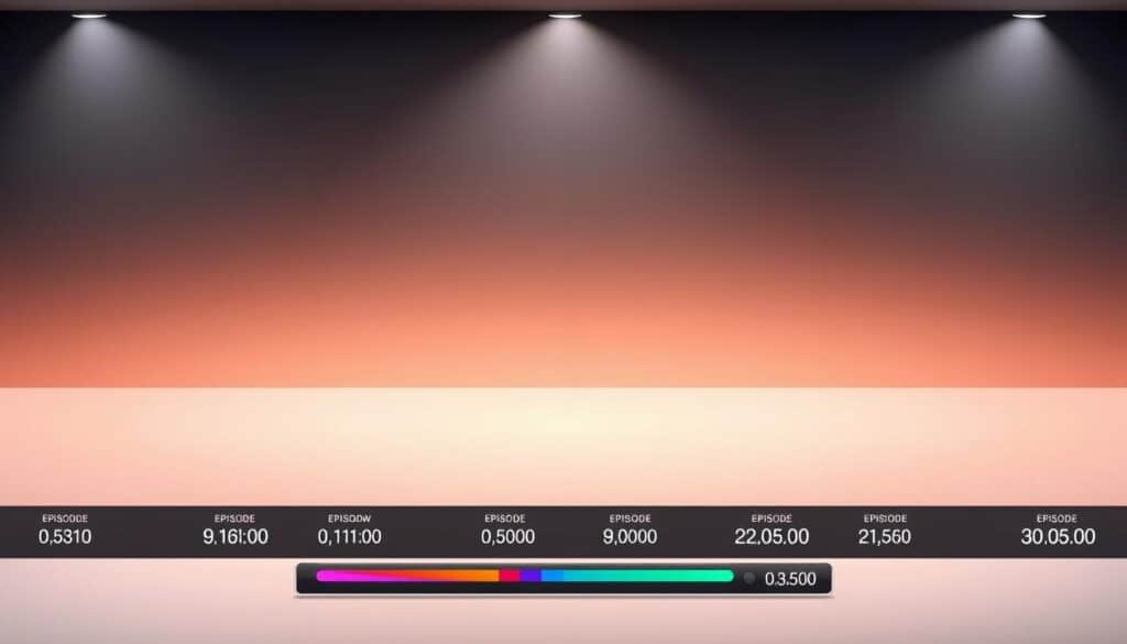 A sleek, modern progress tracker interface with a clean, minimalist design. In the foreground, a series of colorful progress bars and episode counters neatly arranged, each representing a different TV show. The middle ground features a stylized background with a subtle grid pattern, giving a sense of organization and structure. Soft lighting from above casts a gentle glow, creating a warm and inviting atmosphere. The overall composition conveys a sense of clarity, control, and the satisfaction of tracking one's viewing progress.