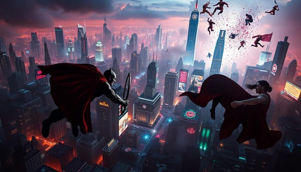 A sprawling cityscape sprawling with iconic superhero silhouettes, bathed in a vibrant, neon-tinged atmosphere. Towering skyscrapers and futuristic architecture form the backdrop, with a dramatic, cinematic lighting that casts long shadows and highlights the dynamic energy of the scene. In the foreground, larger-than-life figures of Marvel and DC superheroes clash in an epic battle, their powers and abilities clashing in a dazzling display. The composition captures the grand scale and high stakes of the expanded cinematic universes, hinting at the possibilities and crossovers to come in 2025.