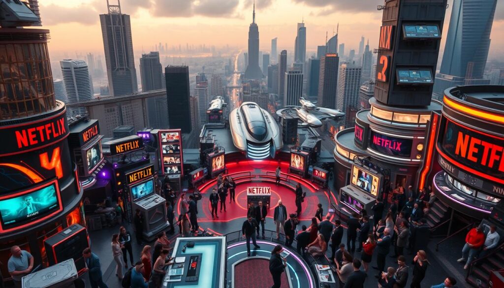 A sprawling metropolis in the year 2025, bustling with a vibrant array of reality shows showcased on a prominent Netflix platform. In the foreground, a diverse cast of characters engages in high-stakes competitions, their emotions on full display under the glare of the cameras. The middle ground features sleek, futuristic set designs with neon-lit backdrops, highlighting the technological advancements of the entertainment industry. In the background, a cityscape of towering skyscrapers and hovering vehicles sets the stage for this vision of reality television's evolution. The lighting is warm and cinematic, casting a dreamlike quality over the scene, while the camera angle provides a dynamic, bird's-eye perspective that immerses the viewer in the captivating world of Netflix's 2025 reality show offerings.