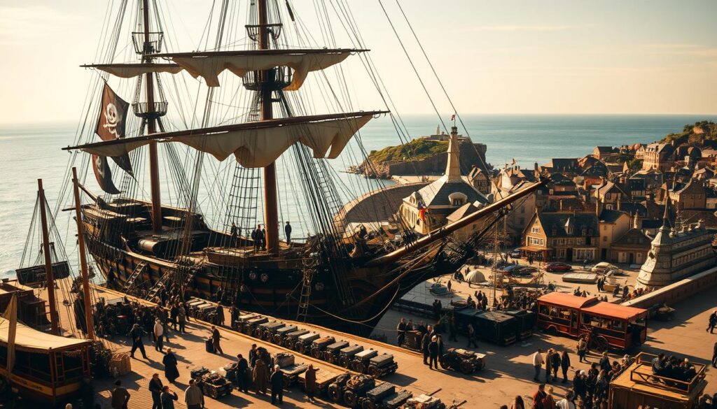 A sprawling pirate ship docked in a bustling port, its towering masts and billowing sails casting dramatic shadows across a sun-dappled quay. In the foreground, a hive of activity as costumed actors and skilled crew members bustle about, tending to rigging, loading cargo, and adjusting props. The midground reveals a maze of scaffolding and equipment, hinting at the technical mastery required to bring this cinematic world to life. In the background, a picturesque seaside town stretches out, its quaint buildings and winding streets providing an evocative historical backdrop. Warm, golden lighting bathes the entire scene, creating a sense of warmth and adventure, capturing the essence of the "Pirates of the Caribbean" franchise.