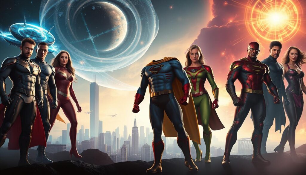 A striking superhero movie poster set in 2026, capturing the dynamic energy and visual spectacle of the genre. In the foreground, a team of iconic heroes stand united, their powerful poses and vibrant costumes commanding attention. Dramatic lighting casts dramatic shadows, accentuating their heroic physiques and chiseled features. The middle ground features a city skyline, skyscrapers and futuristic architecture rendered in a sleek, sci-fi style. In the background, swirling energy fields and cosmic phenomena create a sense of grandiose scale, hinting at the epic, world-saving stakes at play. The overall composition and color palette evoke a sense of cinematic grandeur, perfectly suited to showcase the most anticipated superhero blockbusters of 2026.