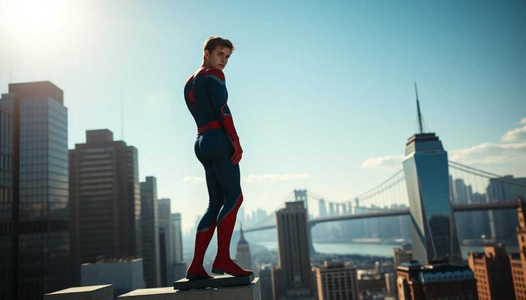 A sun-drenched afternoon in New York City, the iconic skyline of skyscrapers and towering bridges in the background. In the foreground, a lone figure stands atop a building, clad in a sleek, red-and-blue suit. This is Spider-Man, Peter Parker, returning to the city he has sworn to protect. His stance is determined, his gaze fixed on the horizon, ready to embark on a new chapter of his heroic journey. The lighting is dramatic, casting deep shadows and highlights that accentuate the intricate details of his costume. The composition is cinematic, capturing the scale and grandeur of the city, while keeping the focus on the web-slinging superhero at the center of the frame.