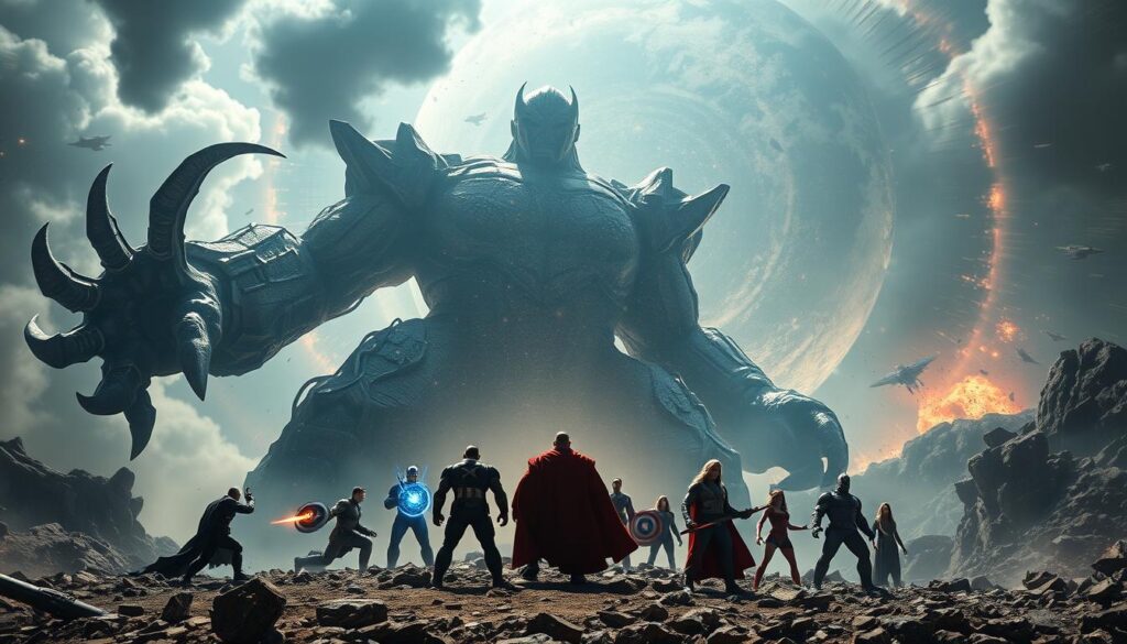 A towering, cinematic composition depicting the epic climax of Marvel's Secret Wars saga. In the foreground, a colossal, cosmic entity - the Devourer of Worlds, Galactus - looms over a battle-scarred landscape, its immense form casting dramatic shadows. In the middle ground, the assembled Avengers, heroes from across the Marvel Multiverse, stand united against this existential threat, energy weapons and mystic powers at the ready. In the distant background, the shattered fragments of colliding universes swirl, creating a breathtaking, kaleidoscopic backdrop. The scene is bathed in dramatic, high-contrast lighting, with dynamic camera angles and a sense of immense scale and cosmic grandeur, conveying the epic stakes and world-shattering consequences of this climactic showdown.