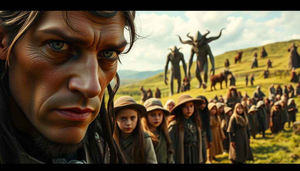 A vast and intricate fantasy world, the characters of The Lord of the Rings come to life in vivid detail. In the foreground, a close-up portrait showcases the detailed facial features, expressive eyes, and meticulously crafted prosthetics of an Elvish warrior, their regal countenance conveying a sense of timeless elegance. The middle ground reveals a group of Hobbits, their diminutive stature accentuated by the lush, rolling landscapes that surround them, their costumes a seamless blend of earthy tones and intricate embroidery. In the background, the towering silhouettes of Ents and Dwarves stand as sentinels, their imposing presence hinting at the grand scale and diverse array of characters that populate this beloved fantasy world. Warm, natural lighting bathes the scene, creating a sense of depth and atmosphere that transports the viewer to the enchanting realms of Middle-earth.