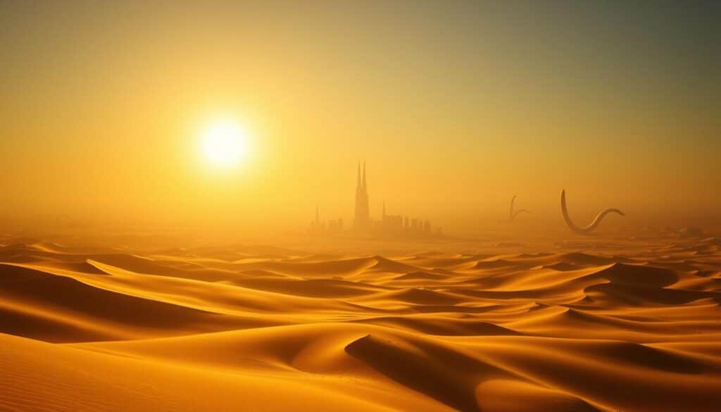 A vast, awe-inspiring desert landscape, bathed in the warm glow of a setting sun. In the foreground, towering dunes of golden sand stretch into the distance, their undulating forms casting long, dramatic shadows. The middle ground is dominated by a massive, futuristic structure - a city built into the very fabric of the desert, its sleek, angular architecture a striking contrast to the natural surroundings. In the background, the horizon is dotted with the silhouettes of gigantic sandworms, their colossal forms emerging from the dunes, a testament to the raw power and unforgiving nature of this alien world. The scene is captured with a cinematic lens, the lighting and composition evoking a sense of scale, wonder, and the sheer grandeur of this epic science-fiction landscape.