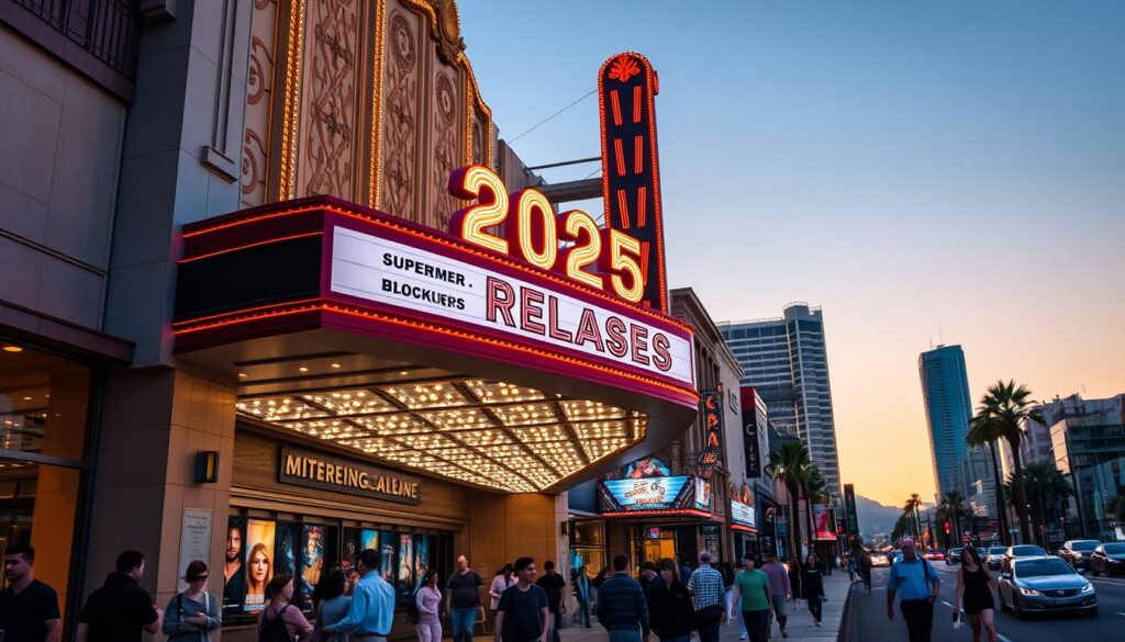 A vast movie theater marquee dominates the frame, its neon-lit letters proudly displaying "2025 Cinema Releases" against a warm, golden-hour sky. The facade is adorned with elegant Art Deco motifs, evoking a timeless, nostalgic ambiance. In the foreground, a crowd of moviegoers strolls along the sidewalk, their faces alight with anticipation. The middle ground features a lineup of colorful movie posters, teasing the summer blockbusters to come - superheroes, sci-fi epics, and heart-warming dramas. The background is a bustling city streetscape, with skyscrapers and palm trees suggesting a vibrant, coastal setting. Soft, diffused lighting casts a warm, cinematic glow over the entire scene, creating a sense of excitement and wonder for the upcoming film season.