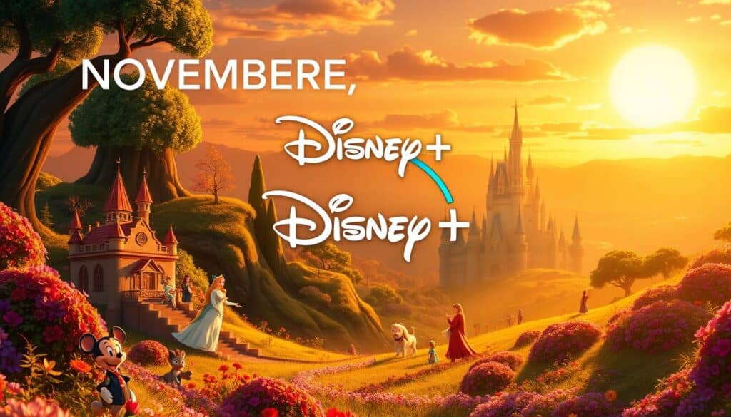 A vibrant and visually captivating image showcasing the upcoming November releases on Disney Plus. In the foreground, a lush, fairy-tale-inspired landscape with whimsical, castle-like structures and enchanting flora. In the middle ground, a series of character illustrations representing the diverse range of content, from beloved animated classics to new family-friendly series and musicals. The background features a warm, golden-hued sunset sky, casting a cozy and inviting atmosphere. The lighting is soft and magical, with highlights and shadows accentuating the details and depth of the scene. The overall composition is balanced and visually striking, capturing the essence of Disney's storytelling and the anticipation surrounding the upcoming additions to the Disney Plus platform.