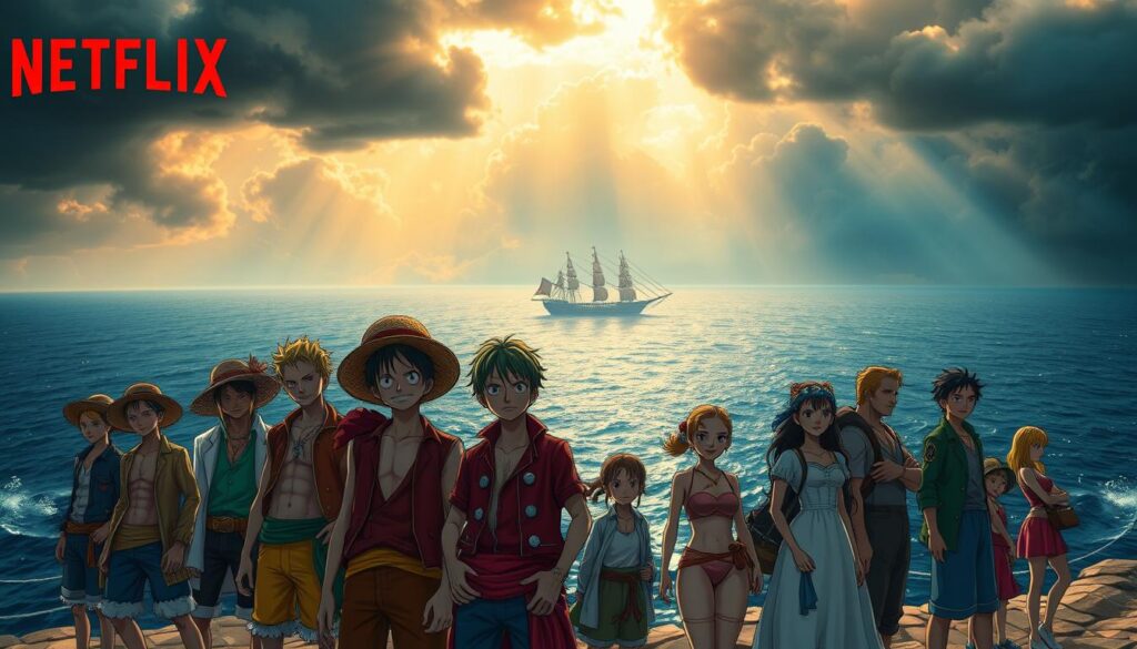 A vibrant, cinematic depiction of the iconic "One Piece" anime, expertly adapted for Netflix. In the foreground, the Straw Hat crew stands united, their dynamic expressions and poses capturing the essence of the beloved series. Luffy, Zoro, Nami, and the rest of the gang are rendered with striking realism, their costumes and accessories meticulously detailed. The middle ground showcases a stunning, panoramic vista of the vast, open sea, with the iconic Thousand Sunny ship sailing across the horizon. The background is dominated by a dramatic, storm-swept sky, with shafts of golden light piercing through the clouds, creating a sense of grandeur and adventure. The overall composition and lighting evoke the spirit of the original "One Piece" world, while the level of detail and cinematic flair suggest a successful, faithful adaptation to the Netflix platform.
