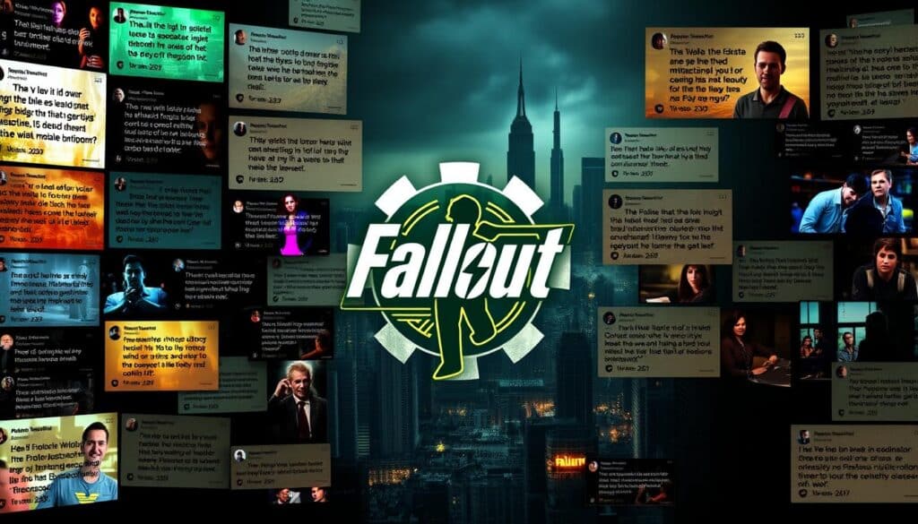 A vibrant collage of audience reviews for the "Fallout" TV series, capturing the diverse perspectives of viewers. In the foreground, a mosaic of digital screens displays a variety of comments, from enthusiastic praise to critical analysis, all rendered in a gritty, neon-tinged aesthetic that evokes the post-apocalyptic vibe of the source material. The middle ground features a stylized graphic representation of the "Fallout" logo, its iconic vault-boy figure surrounded by swirling data streams and glowing circuit patterns. In the background, a shadowy cityscape of crumbling skyscrapers and abandoned infrastructure sets the scene, bathed in an eerie, atmospheric lighting that heightens the sense of a world on the brink. The overall composition conveys the diverse, engaged, and passionate response to the highly anticipated "Fallout" series.