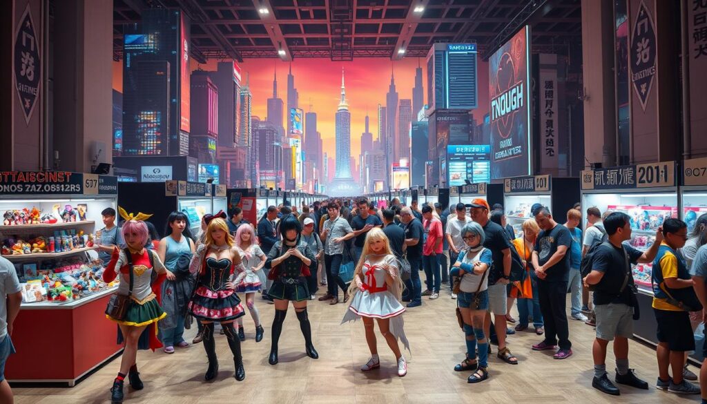 A vibrant cosplay convention scene, bustling with enthusiastic fans dressed in intricate anime-inspired costumes. In the foreground, a group of cosplayers strike dynamic poses, their outfits meticulously detailed and faithfully recreated. In the middle ground, vendors' stalls display an array of anime merchandise, from figurines to plushies, creating a lively marketplace atmosphere. The background is filled with towering, neon-lit backdrops reminiscent of cyberpunk cityscapes, further enhancing the immersive, pop culture-infused ambiance. Warm, saturated lighting casts a celebratory glow over the entire scene, capturing the energy and passion of the Otaku community.