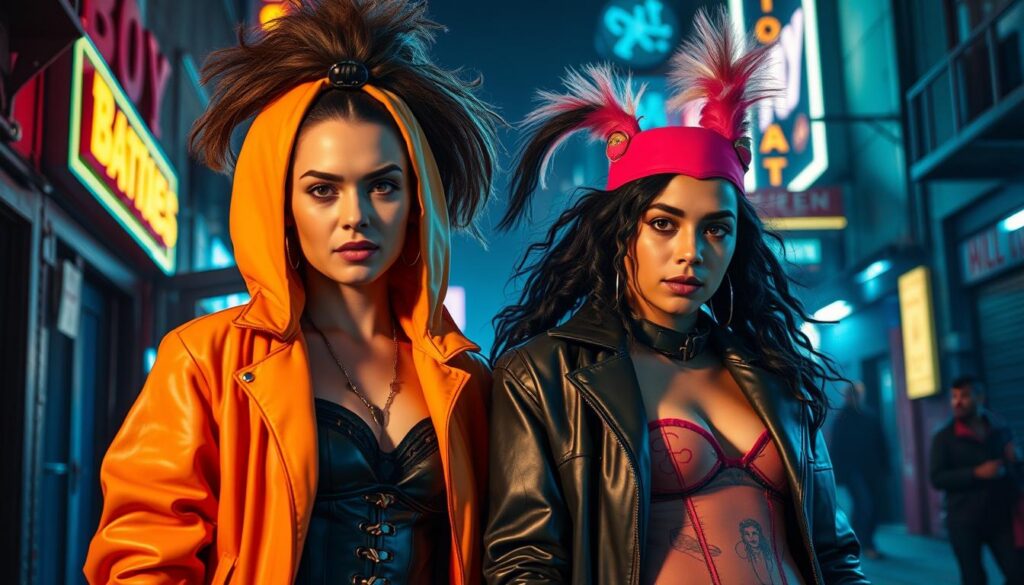 A vibrant, dynamic portrait of Sister Sage and Firecracker, two new characters in the fourth season of "The Boys". They stand prominently in the foreground, their costumes and expressions conveying a sense of power, mischief, and camaraderie. The background features a gritty, urban cityscape, with neon lights and industrial elements that evoke the edgy, morally ambiguous world of the show. The lighting is dramatic, with strong shadows and highlights that accentuate the characters' features and intensity. The overall mood is one of energy, tension, and the promise of new revelations and conflicts to come in this next chapter of "The Boys".