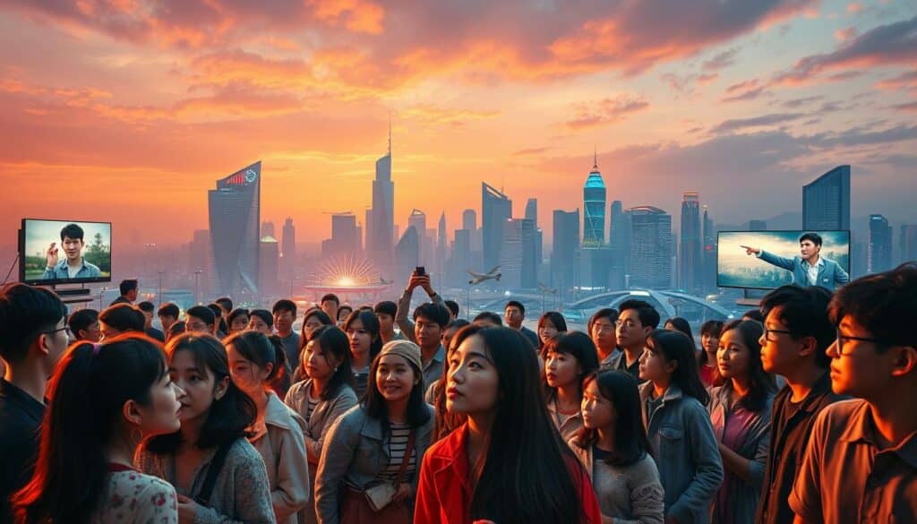 A vibrant, global landscape of K-drama entertainment. In the foreground, a cinematic scene of beloved Korean characters engaged in an intense, emotive storyline. The middle ground features a diverse array of people from around the world, captivated by the mesmerizing display on their screens. In the background, a skyline of modern, cosmopolitan cityscapes blending Eastern and Western influences. Warm, saturated lighting casts a dreamlike glow, reflecting the universal appeal and cultural impact of these captivating Korean television series. Cinematic camera angles, dynamic composition, and a sense of movement convey the energetic, borderless nature of this global entertainment phenomenon.