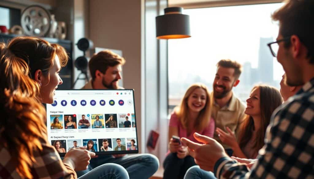 A vibrant social media platform for film and TV enthusiasts, centered around a clean, modern interface. In the foreground, a group of friends engaging in lively discussions and sharing their latest movie and series discoveries, captured in a warm, natural lighting. The middle ground features a sleek desktop or mobile app, showcasing vivid movie posters, ratings, and personalized recommendations. The background subtly blends in cinematic elements, such as film reels, cinema tickets, and a hint of the city skyline, creating an immersive, cinephile-inspired atmosphere.