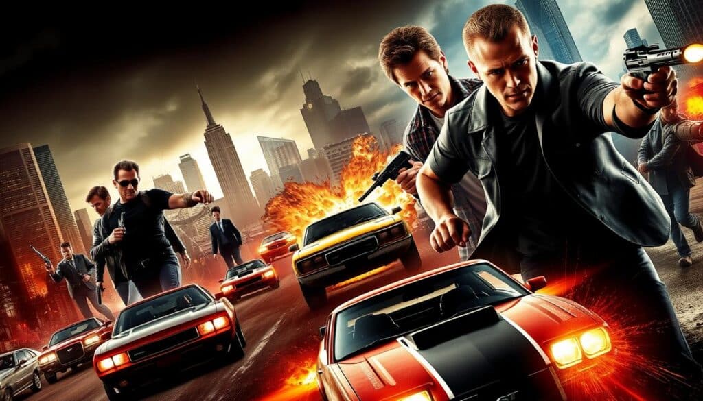 Action-packed movie posters with dramatic scenes, featuring muscular heroes, high-intensity car chases, and suspenseful storylines. The foreground showcases the main characters in intense poses, while the middle ground depicts explosive action sequences. The background subtly suggests the thrilling atmosphere of the films, with shadowy cityscapes, looming skyscrapers, and ominous lighting. The overall mood is one of adrenaline-fueled excitement, drawing the viewer into the heart-pounding world of action and suspense.