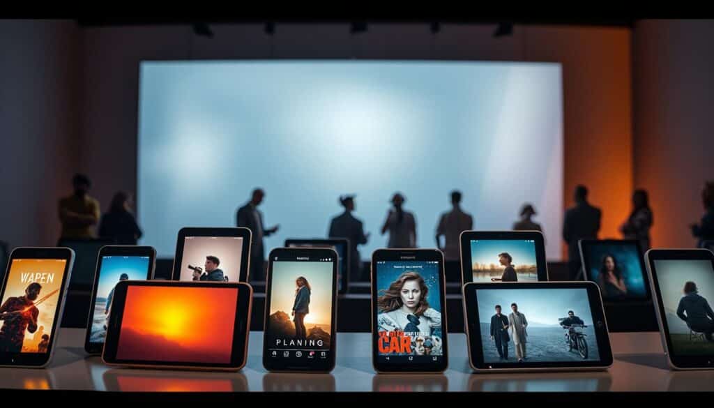 An independent digital series showcase, featuring a diverse array of captivating narratives. The foreground depicts an array of smartphones and tablets, each displaying abstract, artistic representations of different series. The middle ground showcases a sleek, minimalist backdrop, with a subtle grid pattern suggesting the digital realm. The background is illuminated by a warm, cinematic glow, creating an inviting and immersive atmosphere. The overall composition conveys a sense of discovery, innovation, and the power of digital storytelling to captivate audiences. Soft, diffused lighting and a slightly elevated camera angle lend an aspirational, yet accessible feel to the scene.