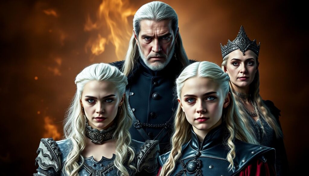 Detailed portrait of House Targaryen characters from the HBO series "House of the Dragon". In the foreground, Princess Rhaenyra and Prince Daemon Targaryen stand tall, their proud postures and icy gazes commanding attention. Behind them, Prince Aegon and Queen Alicent Hightower loom, their expressions steeped in scheming and ambition. The background is shrouded in an ominous, fiery atmosphere, hinting at the impending conflict and power struggles to come. Dramatic lighting casts dramatic shadows, emphasizing the characters' chiseled features and regal bearing. The overall scene radiates a sense of high fantasy, political intrigue, and the looming spectre of a Targaryen civil war.
