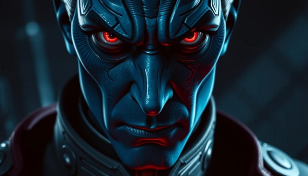 Dramatic close-up portrait of the Chiss Ascendancy's ruthless Grand Admiral Thrawn, his piercing red eyes and commanding presence dominating the frame. Intricate blue-toned skin, sharp angular features, and military uniform with high collar and distinctive insignia convey his cunning and strategic genius. Dramatic low-angle lighting casts dramatic shadows, emphasizing the character's intensity and calculating demeanor. Thrawn's gaze is penetrating, hinting at the complex machinations and shadowy schemes that pose a formidable threat to the galaxy far, far away.